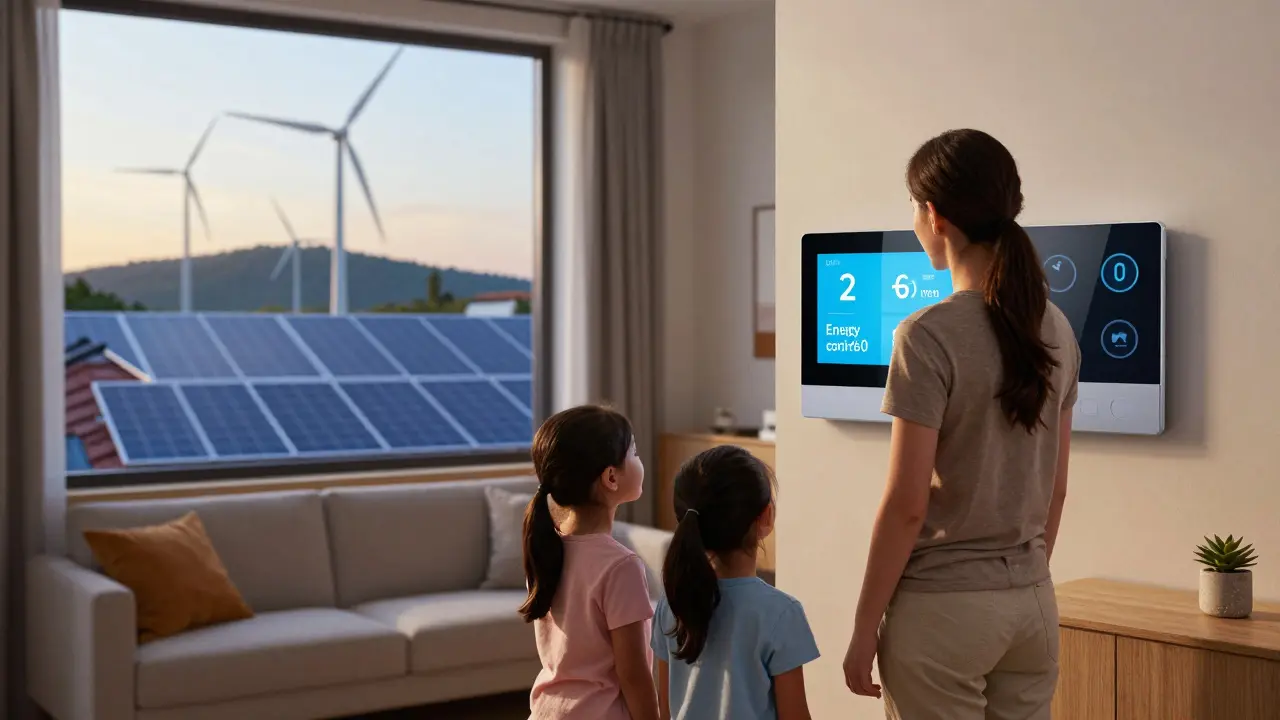 Family in a warm living room with smart thermostat, wind turbines visible in the background.