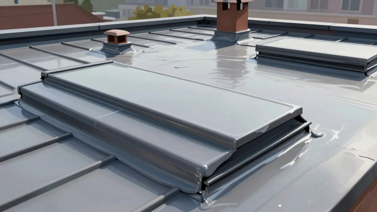 Flüssigkunststoff wird auf ein komplexes Flachdach mit Dachdurchführungen aufgetragen, zeigt nahtlose Abdichtung und präzise Verarbeitung.