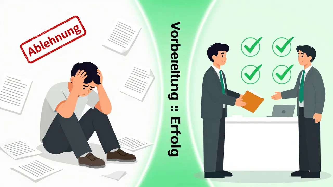 Gegenüberstellung: gestresster Käufer mit fehlenden Papieren vs. zufriedener Käufer mit vollständiger Akte, die einer Bank überreicht wird.