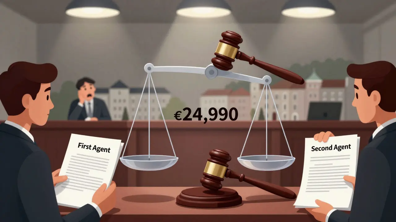 Gerichtsszene mit zwei Verträgen und einer Waage, die doppelte Maklerprovision anzeigt, Hausbesitzer beobachtet entsetzt.