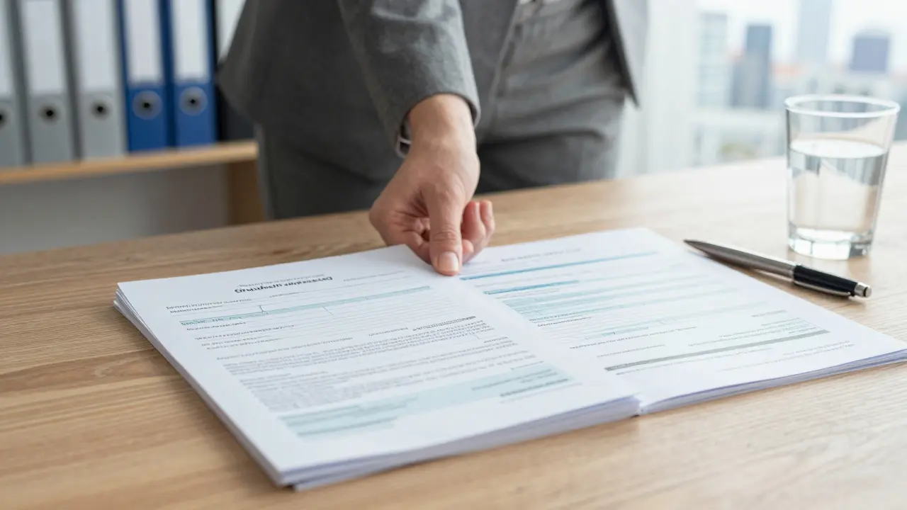 Hand legt offizielle Unterlagen wie Grundbuchauszug und Schufa-Bericht auf einen Tisch, neben einem Stift und einem Glas Wasser.