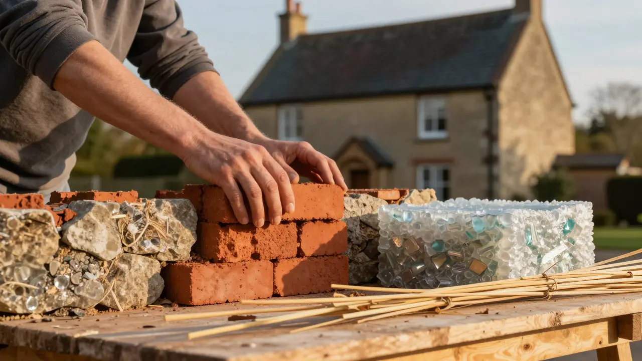 Hände legen wiederverwendete Ziegel und natürliche Dämmmaterialien wie Schilf und recyceltes Glas auf eine Werkbank, im Hintergrund ein historisches Gebäude.