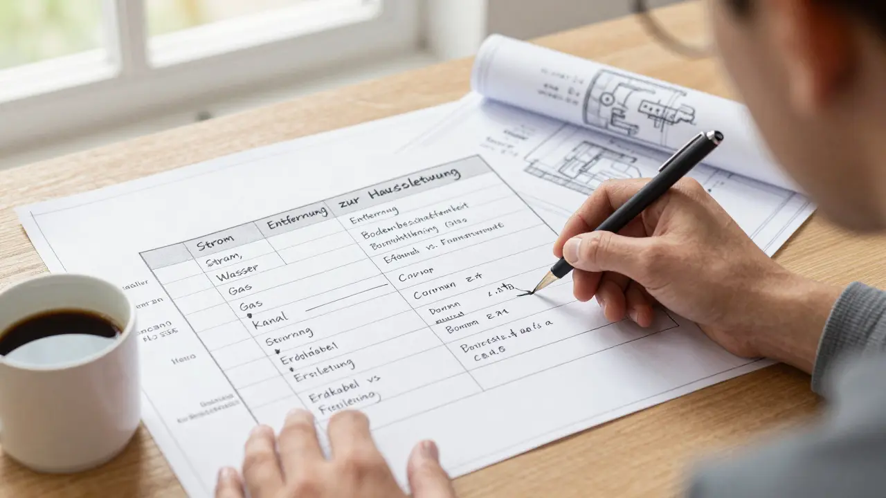 Hausbesitzer studiert einen detaillierten Kostenvoranschlag für Hausanschlüsse mit Notizen zu Entfernung, Bodenbeschaffenheit und Verkabelung.