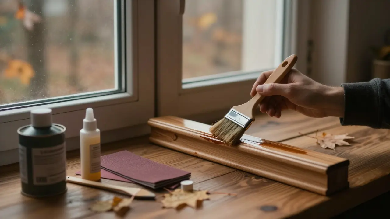 Jemand lackiert im Herbst einen Holzfensterrahmen mit einem Pinsel, Werkzeuge liegen neben ihm, warmes Licht betont die Pflege.