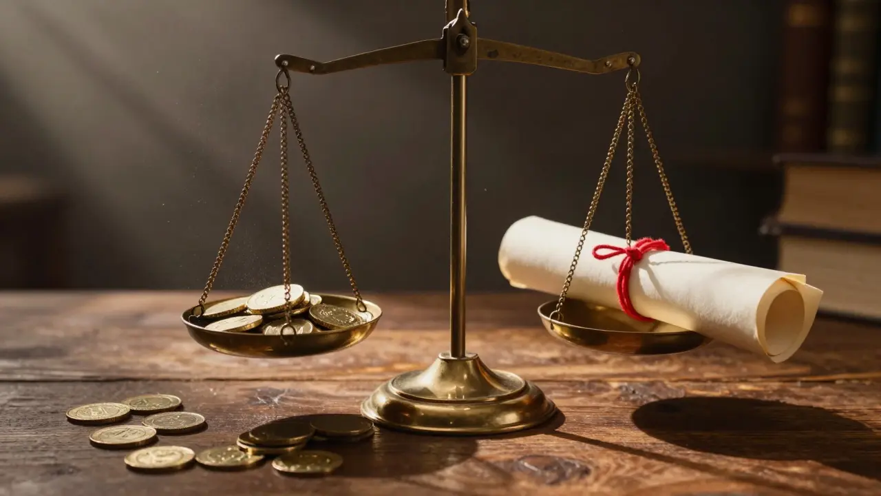 Justizwaage mit Goldmünzen und Pergamentrolle.