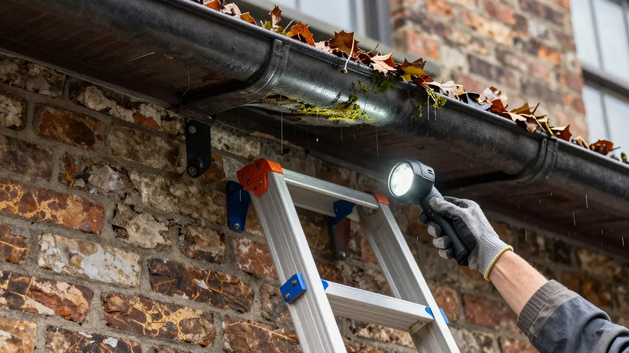 Kontrolle von Dachrinnen und Putzfläche mit Leiter und Licht.