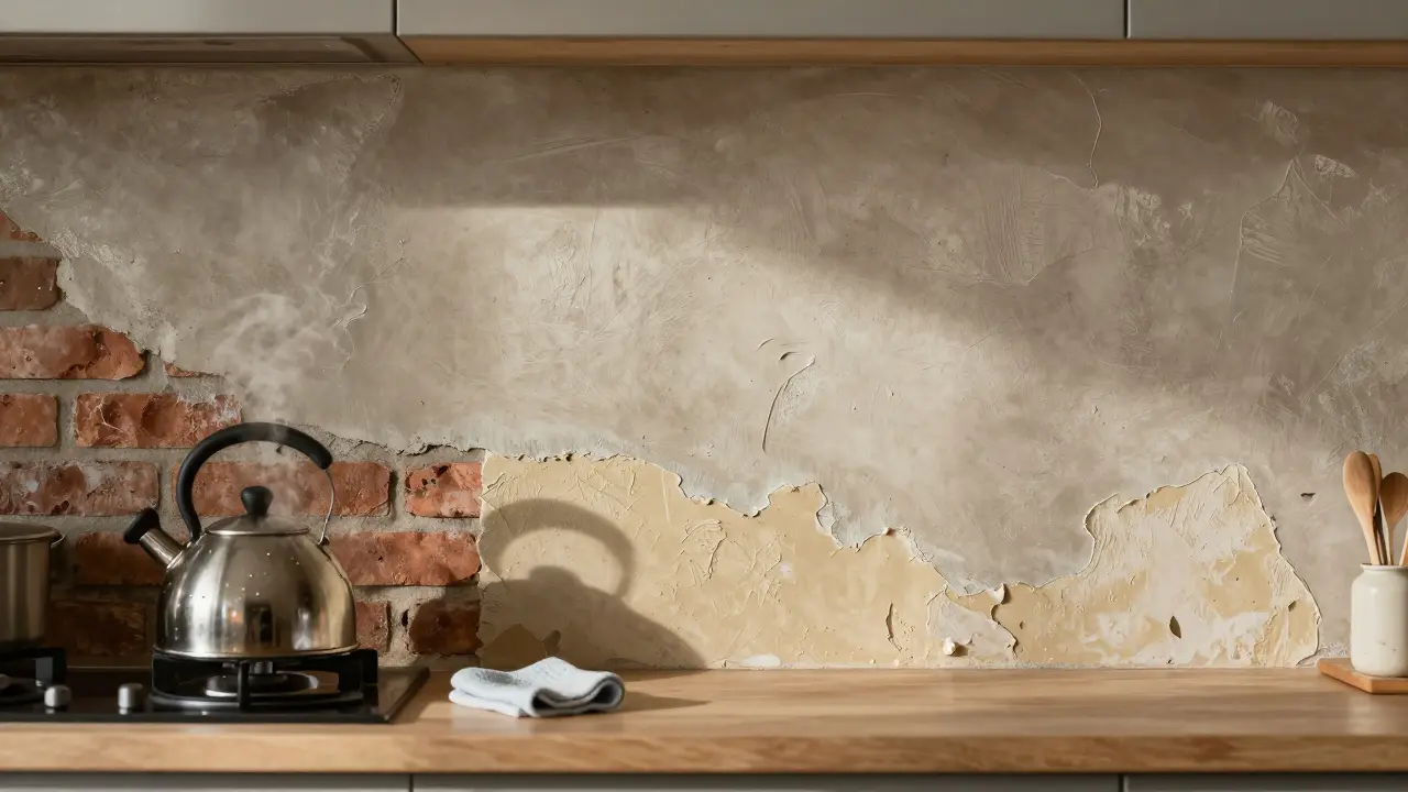 Küchenwand mit teilweise abgenutztem Kalkputz neben widerstandsfähigem Kalk-Zement-Putz, Dampf und Kochspuren sichtbar.