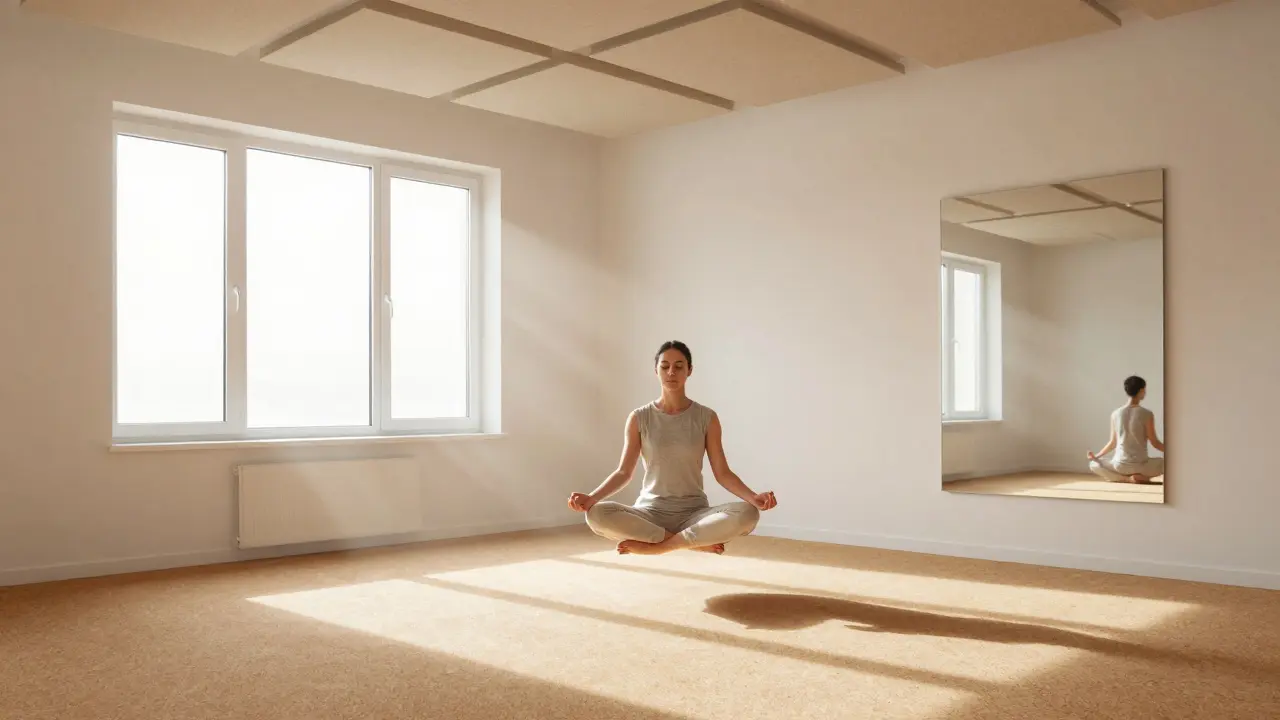 Meditierende Person in einem lichtdurchfluteten Raum mit akustischen und klimatischen Verbesserungen.