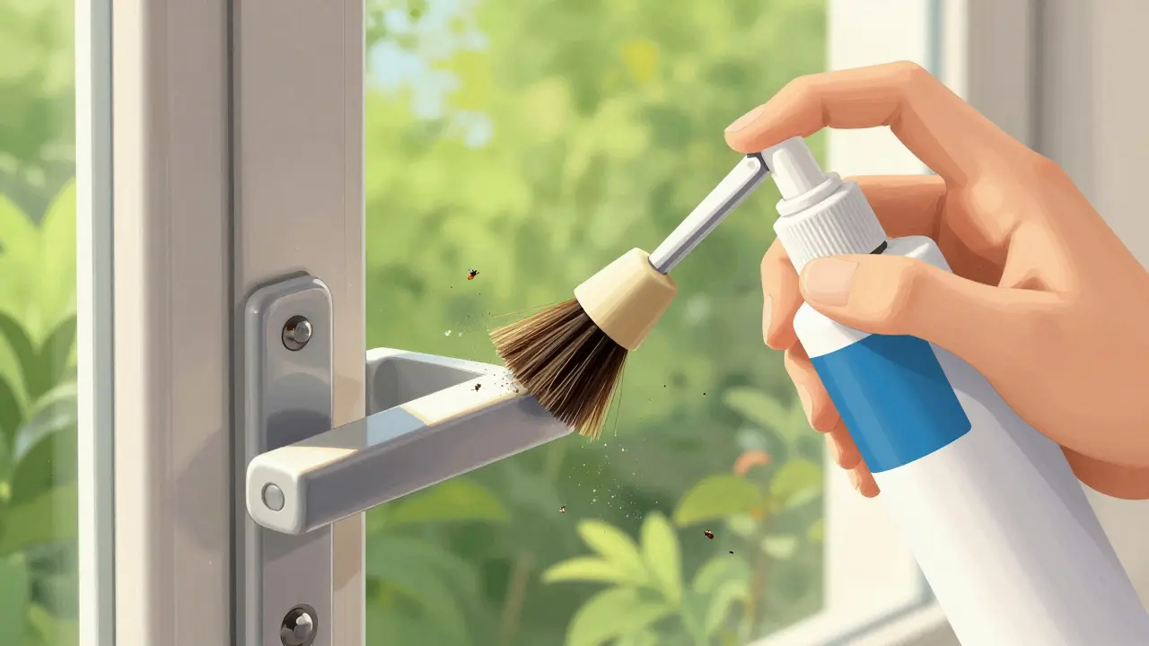 Nahansicht eines Fenstergriffs, der mit speziellem Spray geschmiert wird, Staub und Insekten werden mit einer Bürste entfernt.
