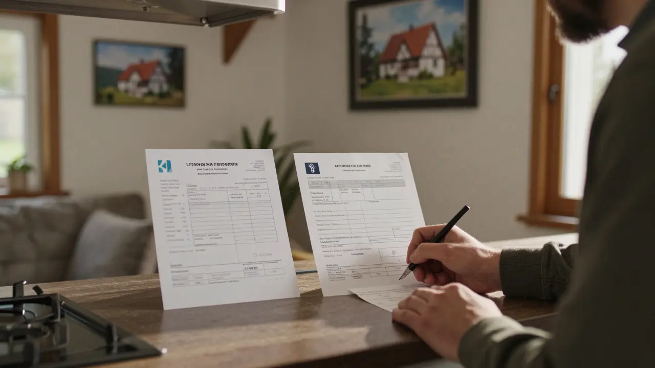 Paar zahlt Handwerkerrechnung per Überweisung, Rechnung und Kontoauszug liegen auf der Theke.