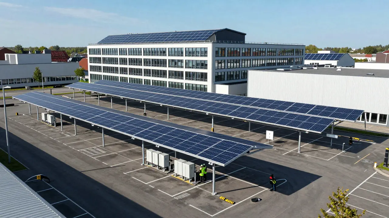 Parkplatz mit solar bedeckten Carports und Technikern, die Kabel prüfen, modernes Gewerbegebäude im Hintergrund.