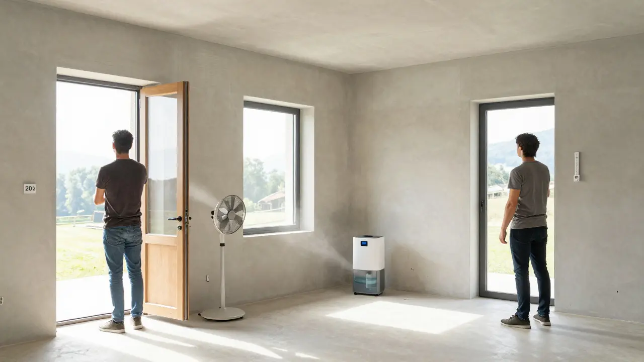 Querlüftung in einem modernen Neubau mit Ventilatoren und einem Bautrockner, Temperatur 20 °C, keine Möbel an den Wänden.