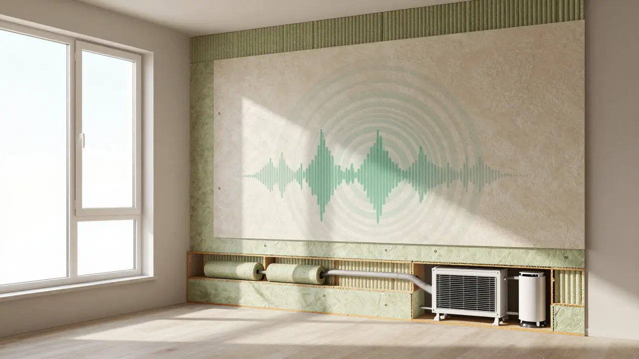 Querschnitt einer modernisierten Wand mit Dämmung, Lüftung und Schallschutz, durchströmt von natürlichem Licht.