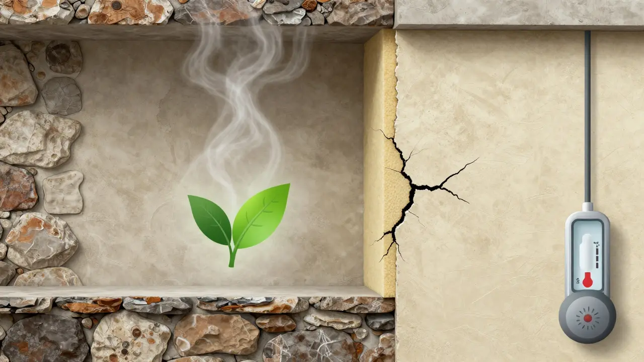 Querschnitt eines Hauses: Kalkputz reguliert Feuchtigkeit, Kalk-Zement-Putz reißt an Dämmung – ökologischer Vorteil hervorgehoben.