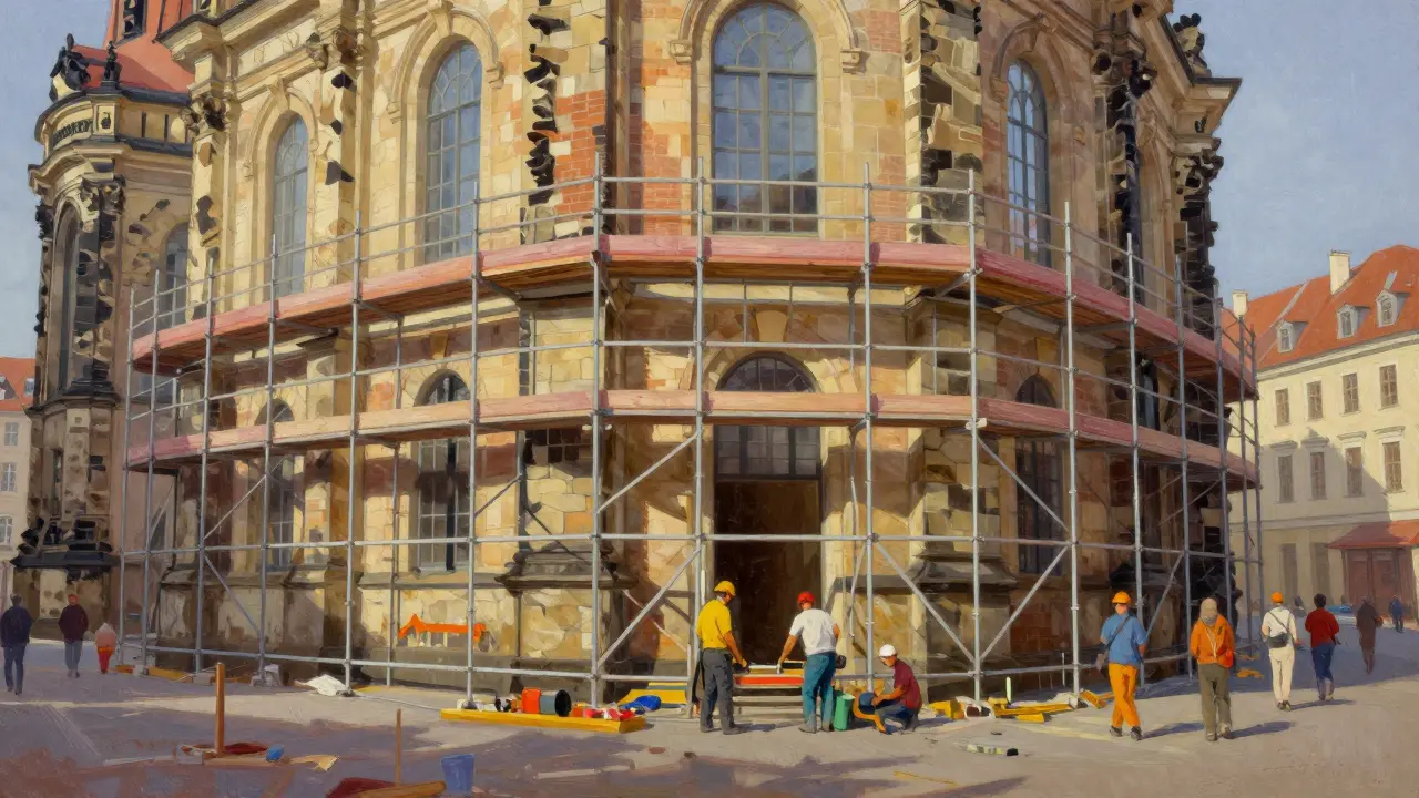 Sanierung eines historischen Gebäudes mit Gerüst und warmem Licht