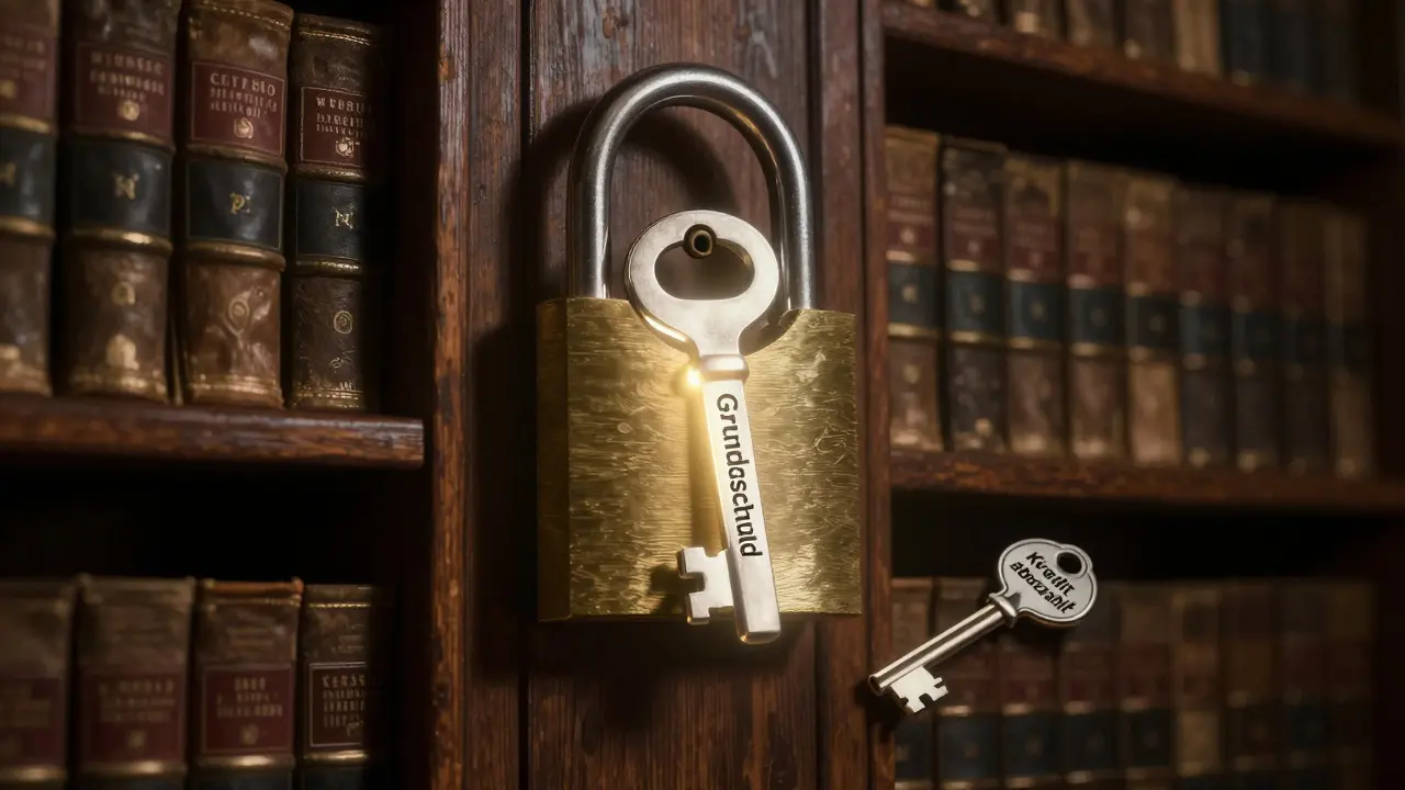 Schlüssel mit der Aufschrift 'Grundschuld' steckt in einem Grundbuchschloss, daneben liegt ein ungenutzter Schlüssel.
