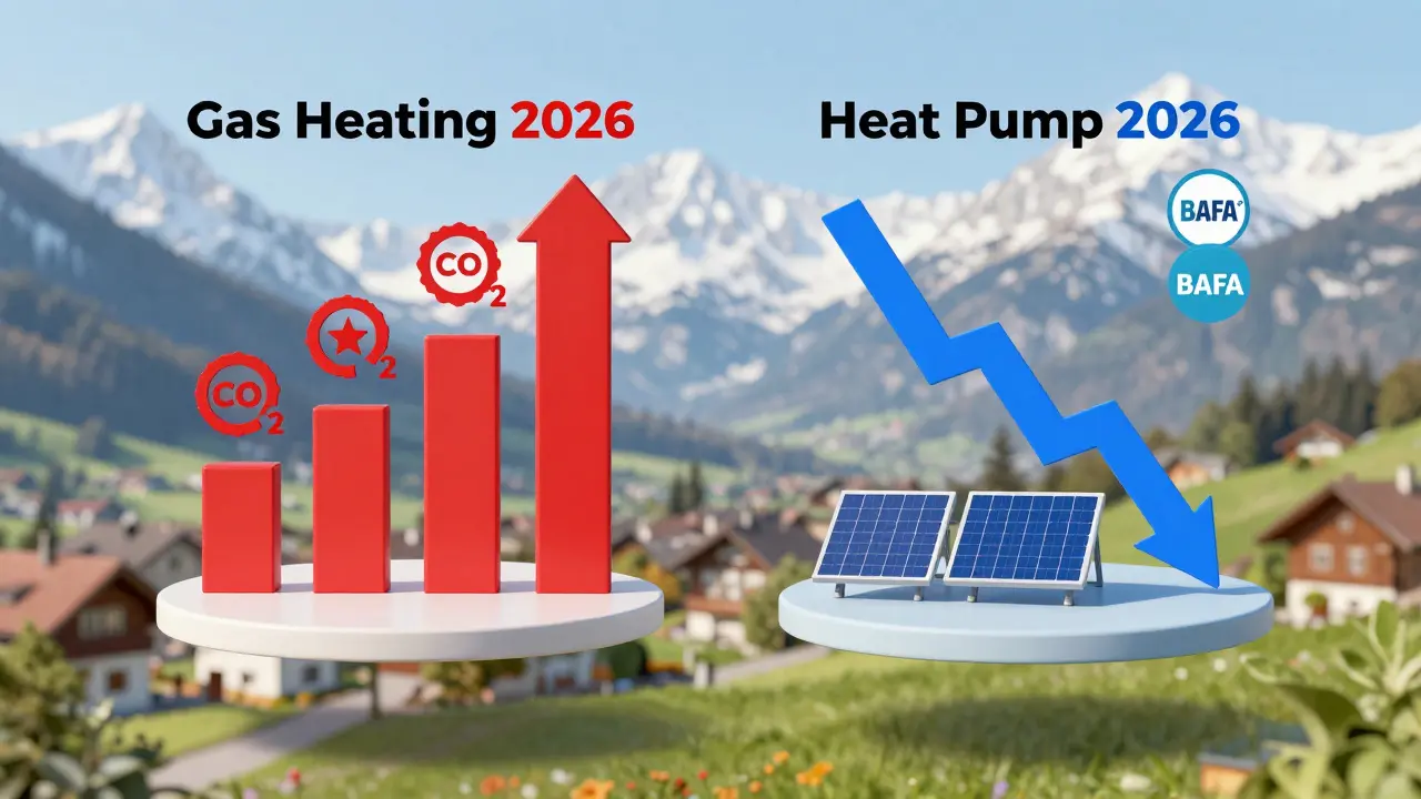 Side-by-side visual comparison of rising gas costs versus falling heat pump expenses with subsidy icons.