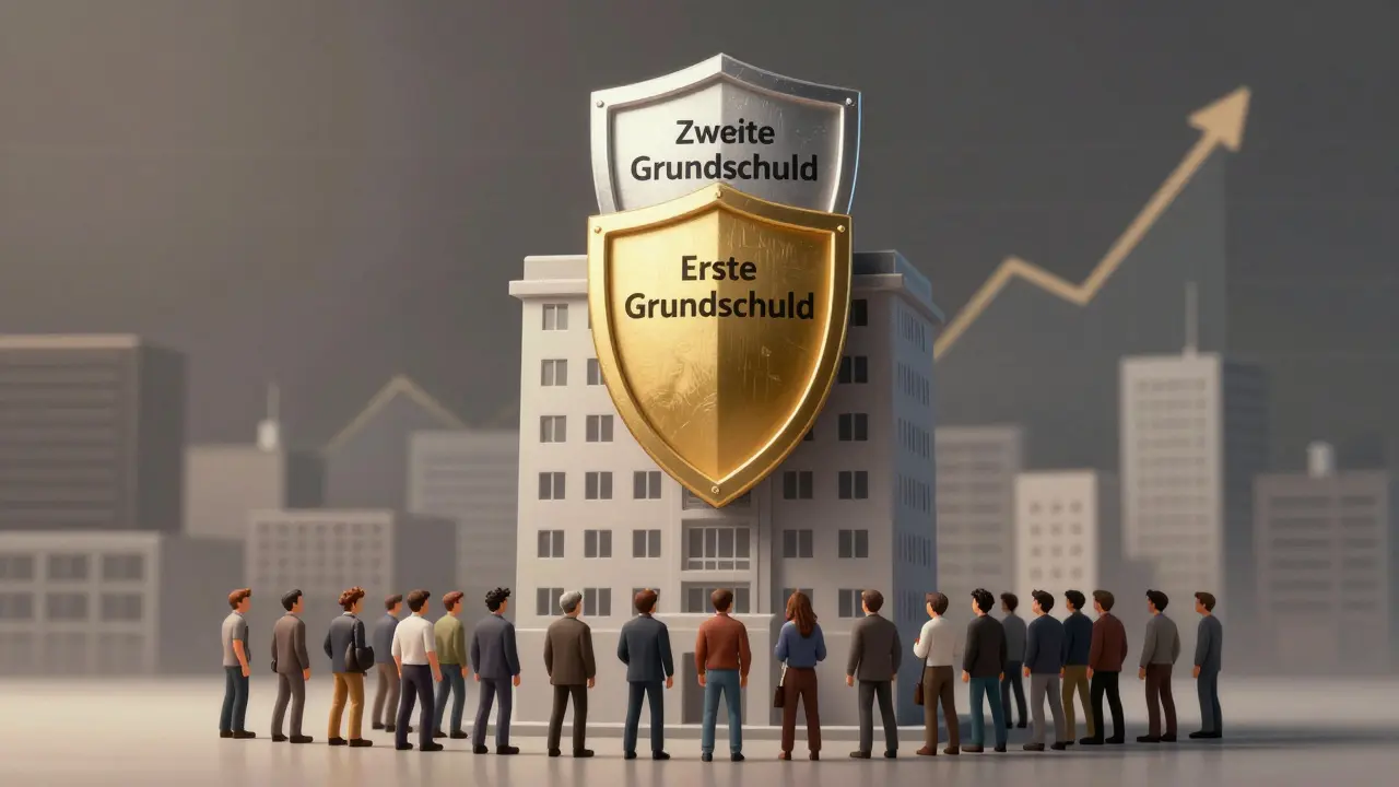 Symbolische Darstellung der Rangfolge von Grundschulden vor einem Immobiliengebäude