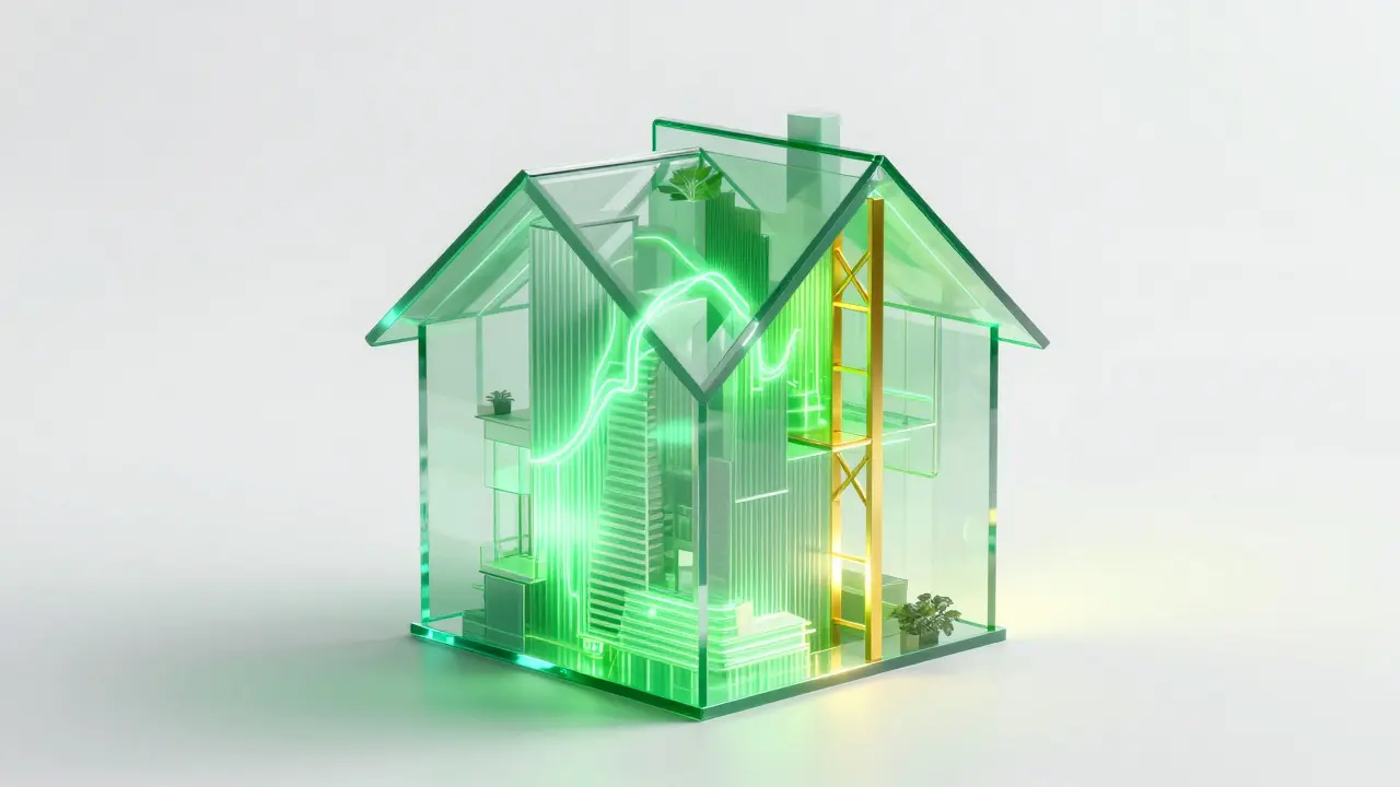 Transparentes Glasgebäude mit grünenergielinien.