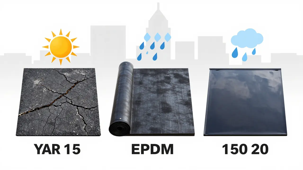Vergleich dreier Dachabdichtungsmaterialien über 50 Jahre: Bitumen, EPDM und Flüssigkunststoff mit Zeitspannen und Wettereinflüssen.