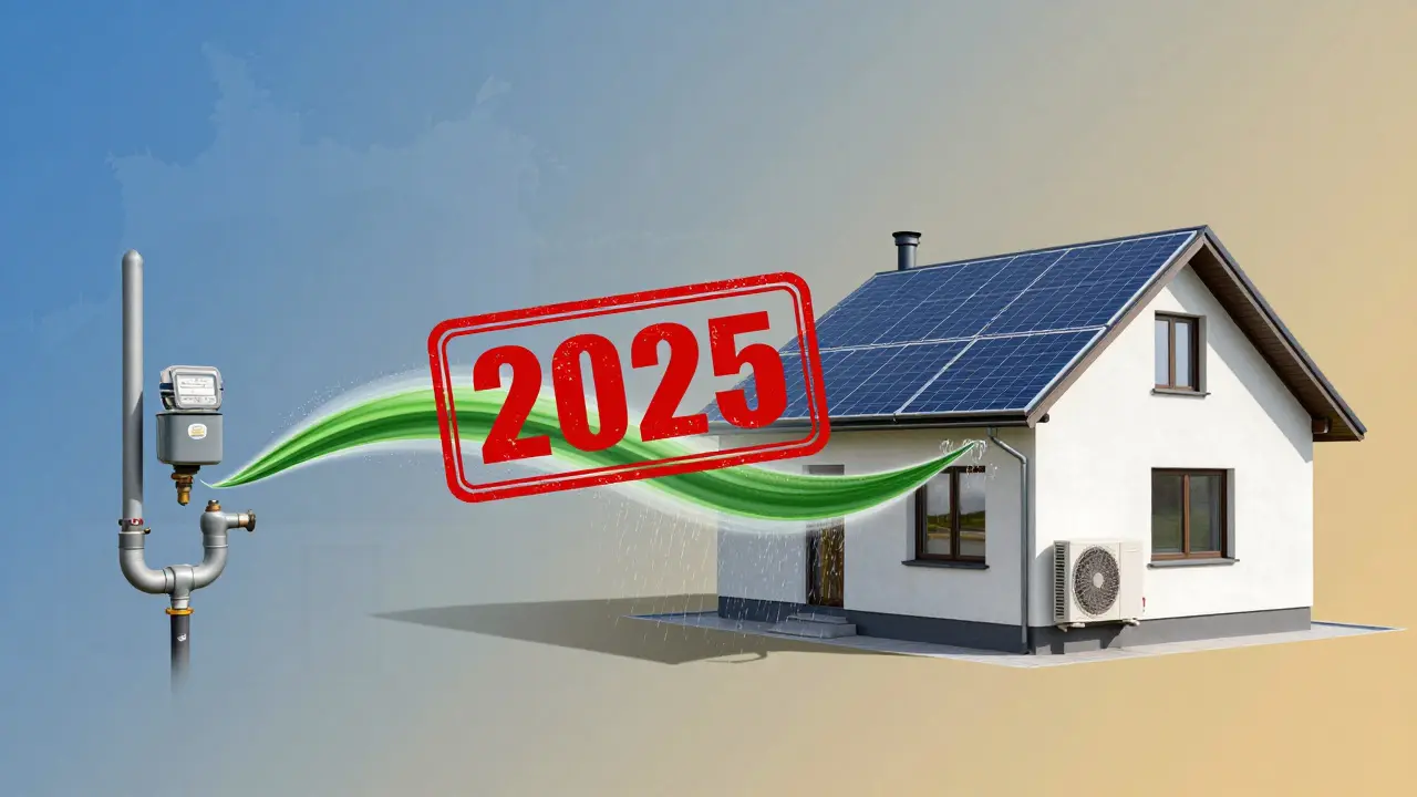 Vergleich eines traditionellen Gas-Hauses mit einem modernen, energieeffizienten Neubau, symbolisch dargestellt mit erneuerbaren Energien und Regenwasserversickerung.
