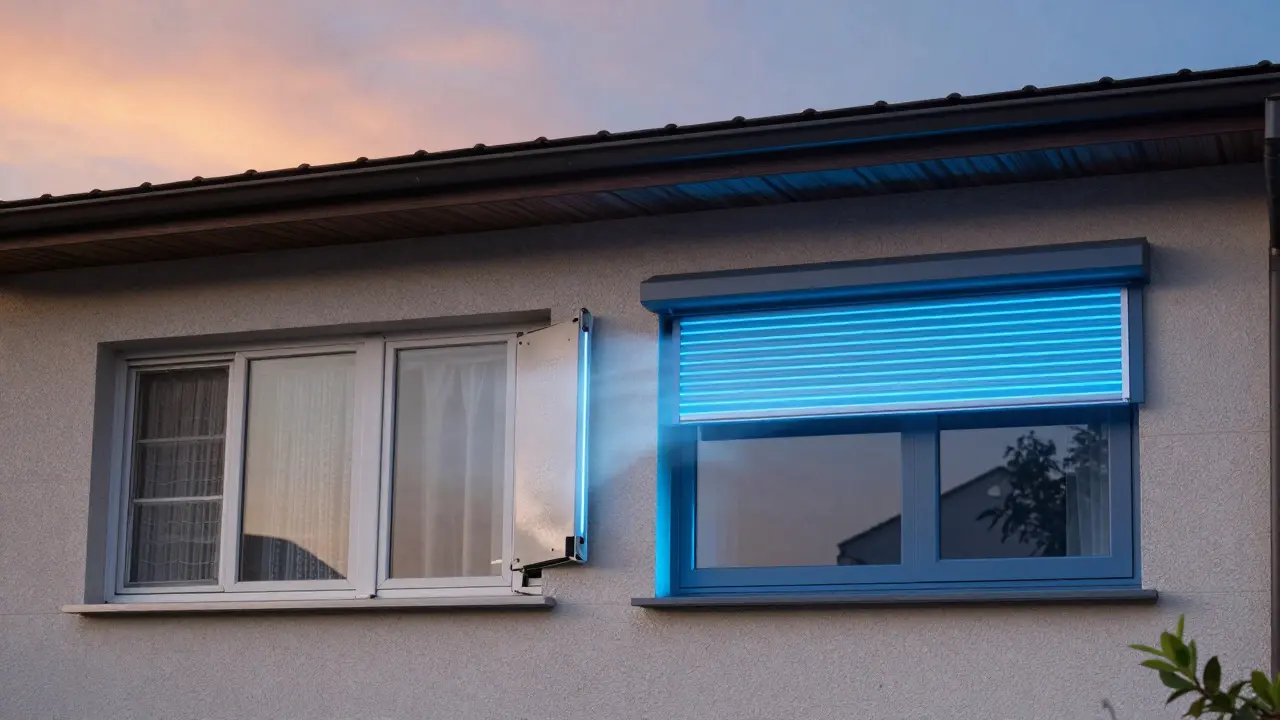 Vergleich von alt und neu: Energieverlust durch alten Rollladenkasten vs. perfekte Isolierung beim modernen System.