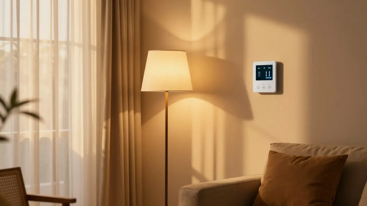 Warmes Wohnzimmer mit automatisch aktivierter Heizung und Beleuchtung.