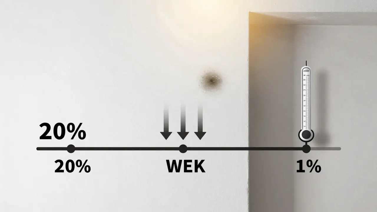 Zeitliche Entwicklung der Baufeuchte: frischer Putz mit hohem Wassergehalt wird durch Lüften trocken, Schimmel verschwindet.