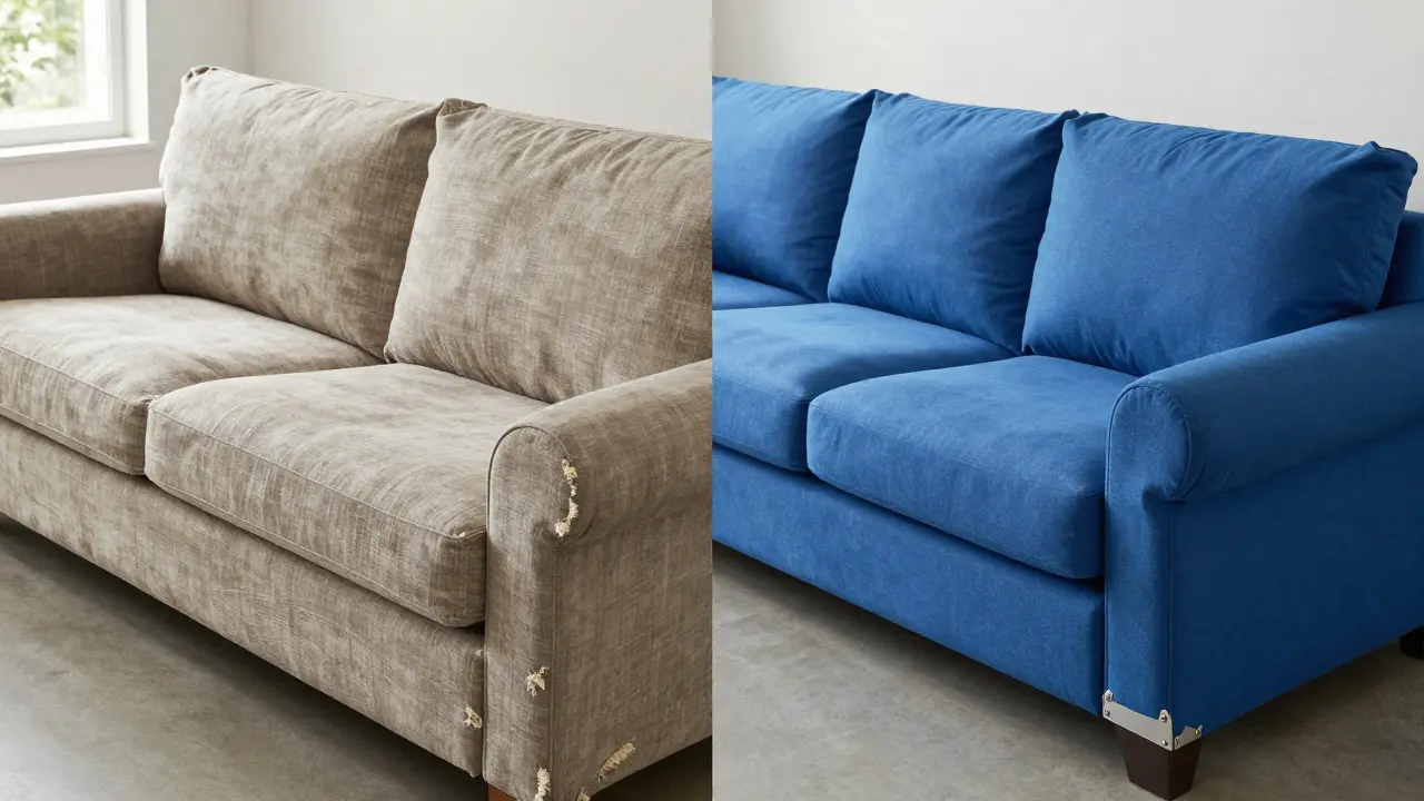 Zwei Sofas nebeneinander: eines verschlissen, das andere gepflegt mit Schutzbezügen und Schutzleisten.