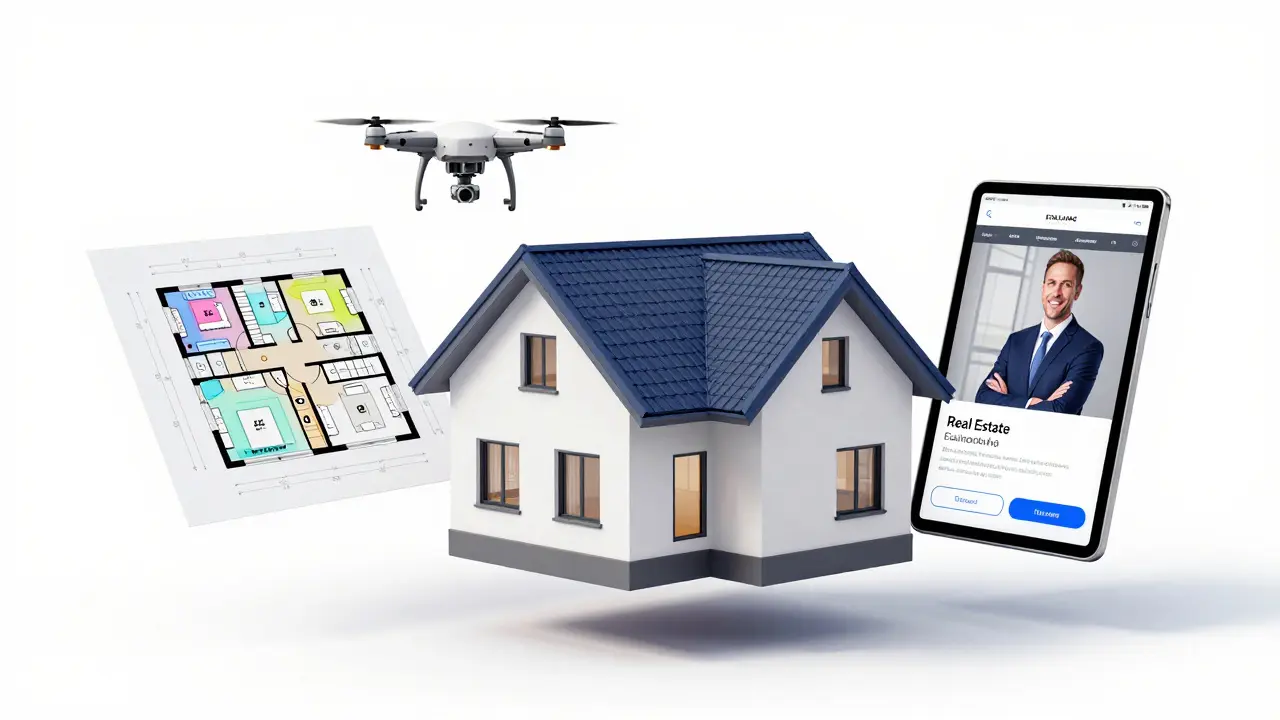 3D-Visualisierung eines Hauses mit digitalen Grundrissen und einer Drohne.