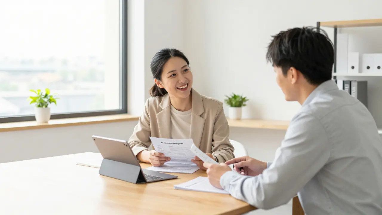 Besprechung zwischen einem Immobilienbesitzer und einem Rechtsanwalt in einem hellen Büro.