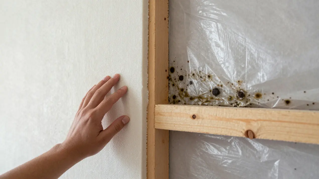 Detailansicht einer Wand mit korrekter diffusionsoffener Dämmung gegenüber einer feuchten Fehlkonstruktion.