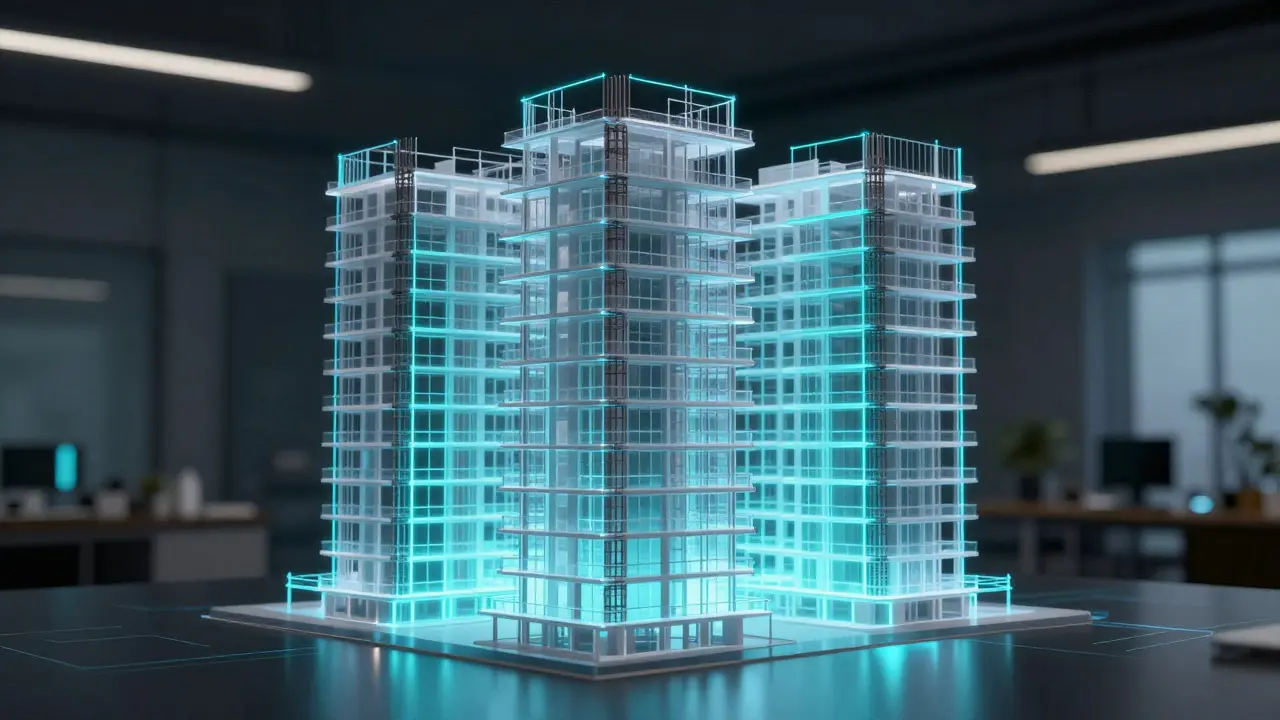 Digitales 3D-BIM-Modell einer Hausstruktur mit Bewehrungsstahl