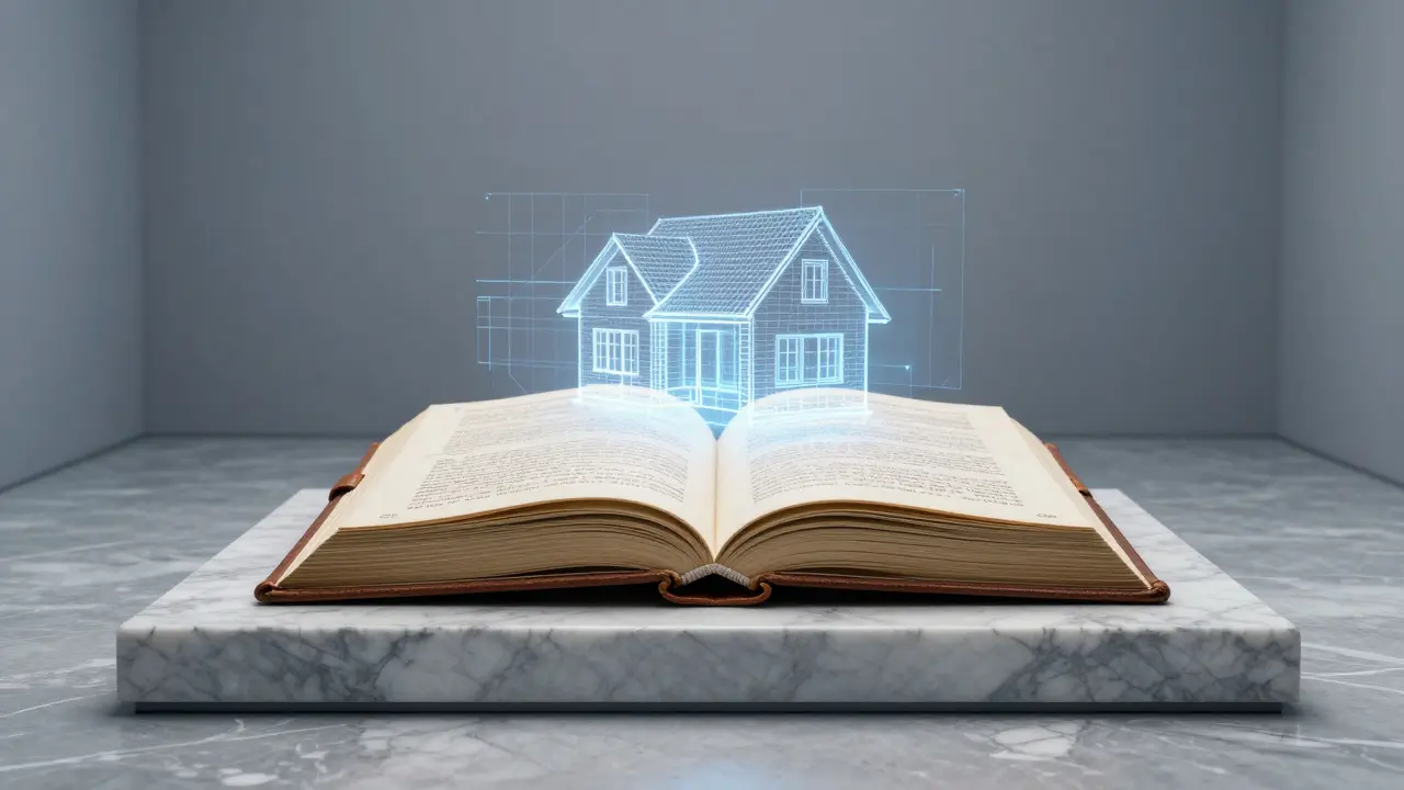Ein offenes Grundbuch, aus dem ein Hologramm eines Hauses aufsteigt, symbolisch für die Umschreibung.