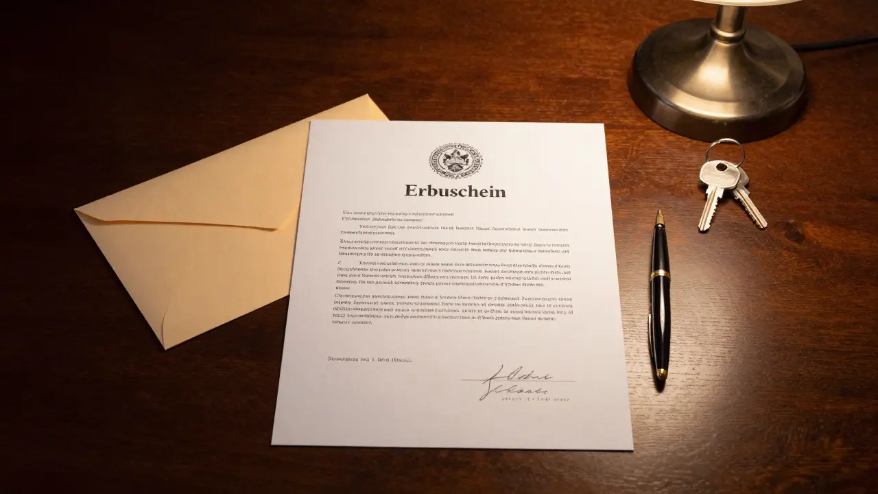 Ein offizieller Erbschein mit Siegel und Hausschlüsseln auf einem dunklen Holzschreibtisch.