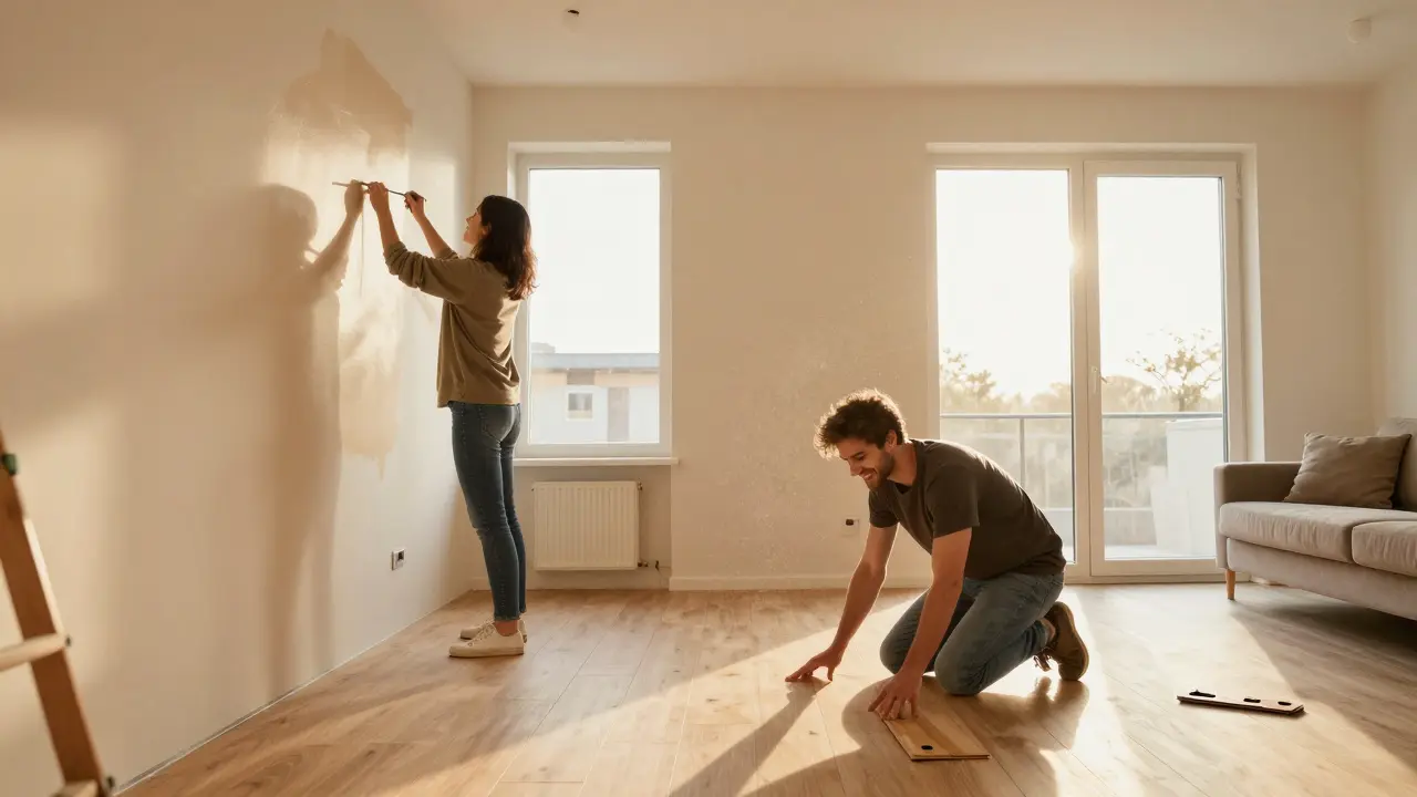 Ein Paar renoviert gemeinsam ihr neues Zuhause durch Streichen und Bodenlegen.