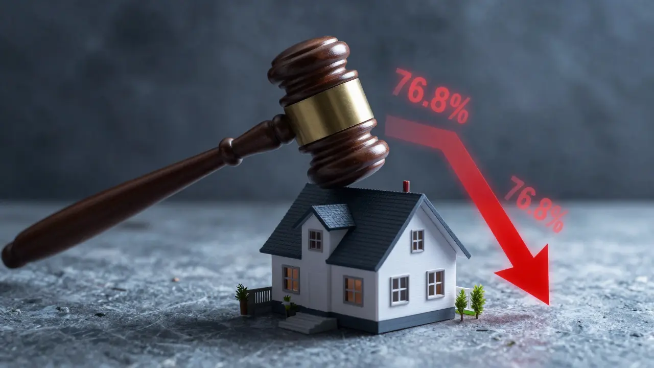 Ein Richterhammer, der auf ein Modellhaus trifft, symbolisiert den Wertverlust.