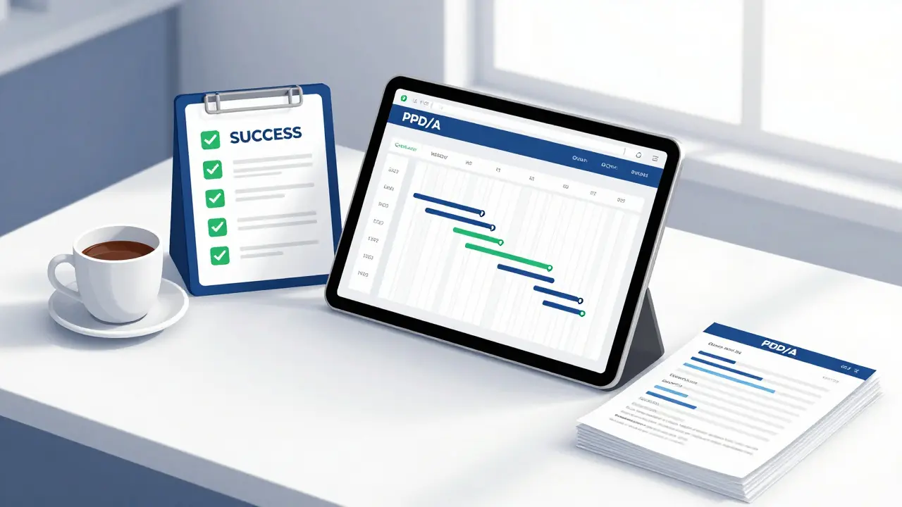 Ein strukturierter Arbeitsplatz mit einer digitalen Checkliste und einem Projektplan.
