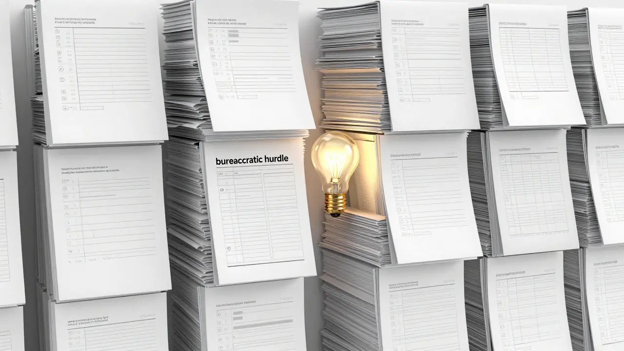 Eine glühende Glühbirne vor einer riesigen Wand aus bürokratischen Dokumenten.