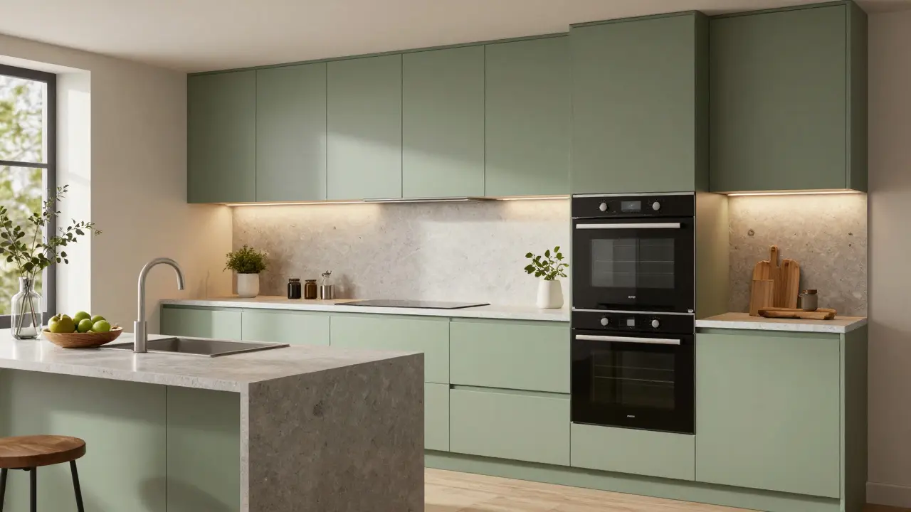 Eine modernisierte Küche mit salbeigrünen Fronten und einer Stein-Arbeitsplatte.