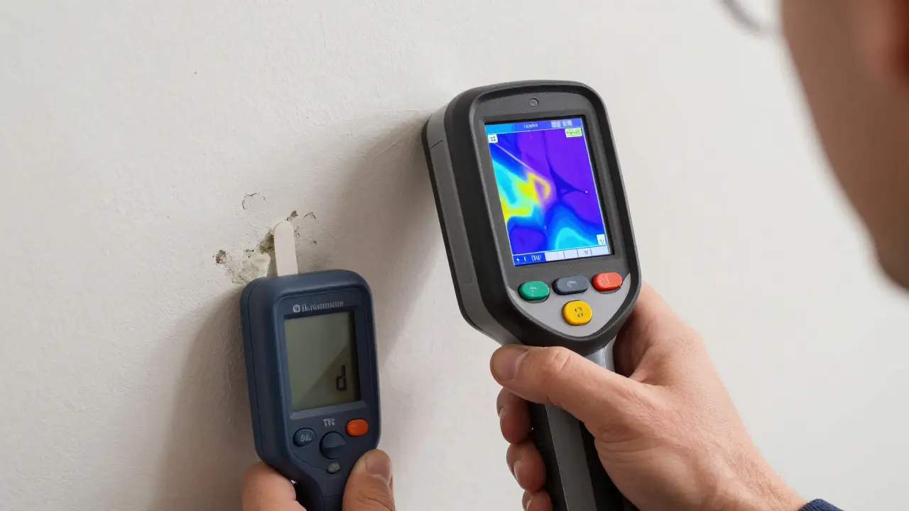 Experte nutzt Wärmebildkamera und Feuchtigkeitsmesser zur Analyse einer Wand.