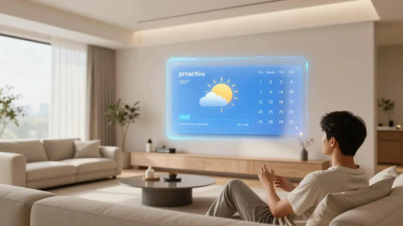 Futuristisches Wohnzimmer mit integrierter, proaktiver KI-Steuerung und Hologrammen.