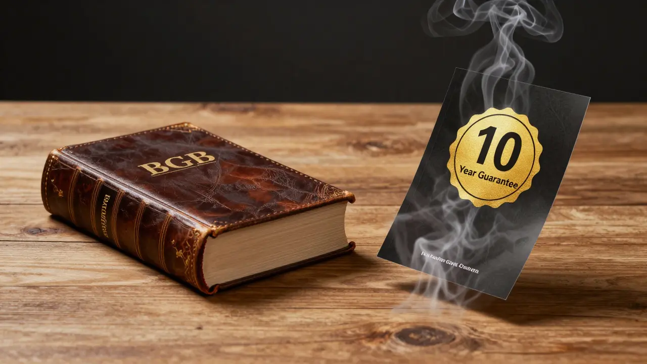 Gesetzbuch neben einer fragwürdigen Garantie-Broschüre