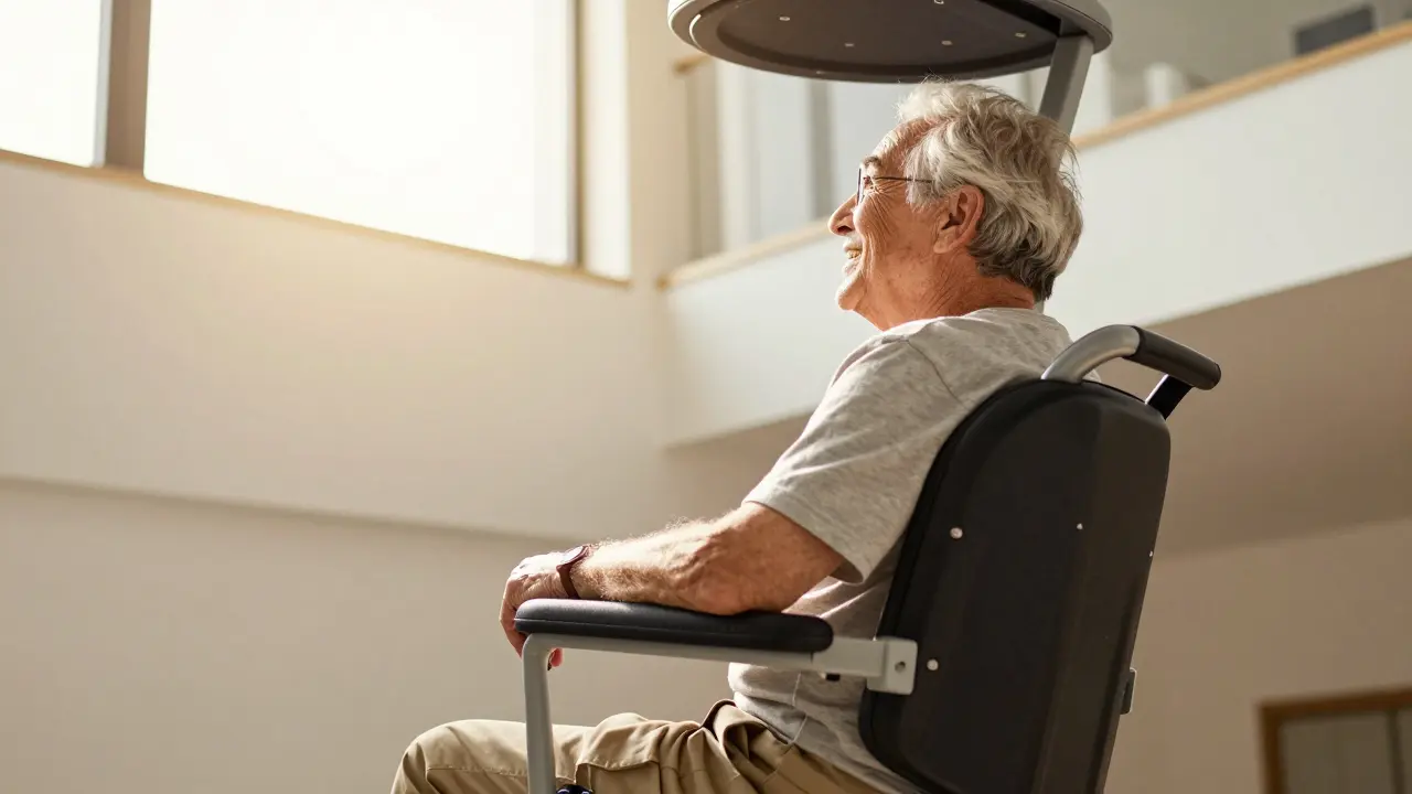 Glückliche ältere Person nutzt einen Treppenlift zur oberen Etage.