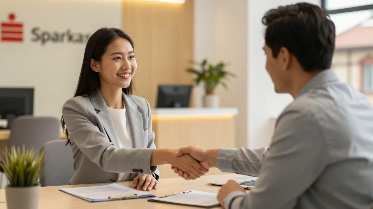 Händedruck zwischen einem Unternehmer und einem Bankberater in einer regionalen Bank.