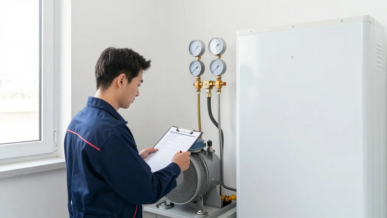 Heizungsfachmann führt Wartung an einer Wärmepumpe durch