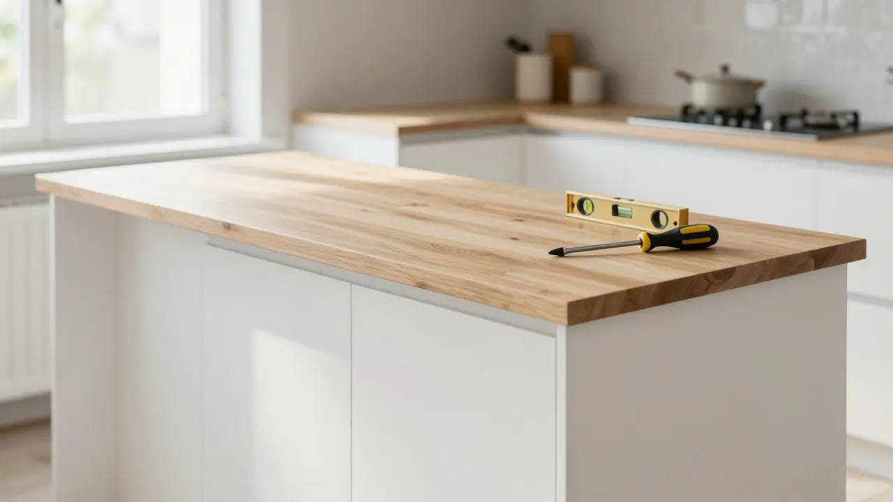 Installation einer neuen Holzarbeitsplatte auf bestehenden Küchenschränken.