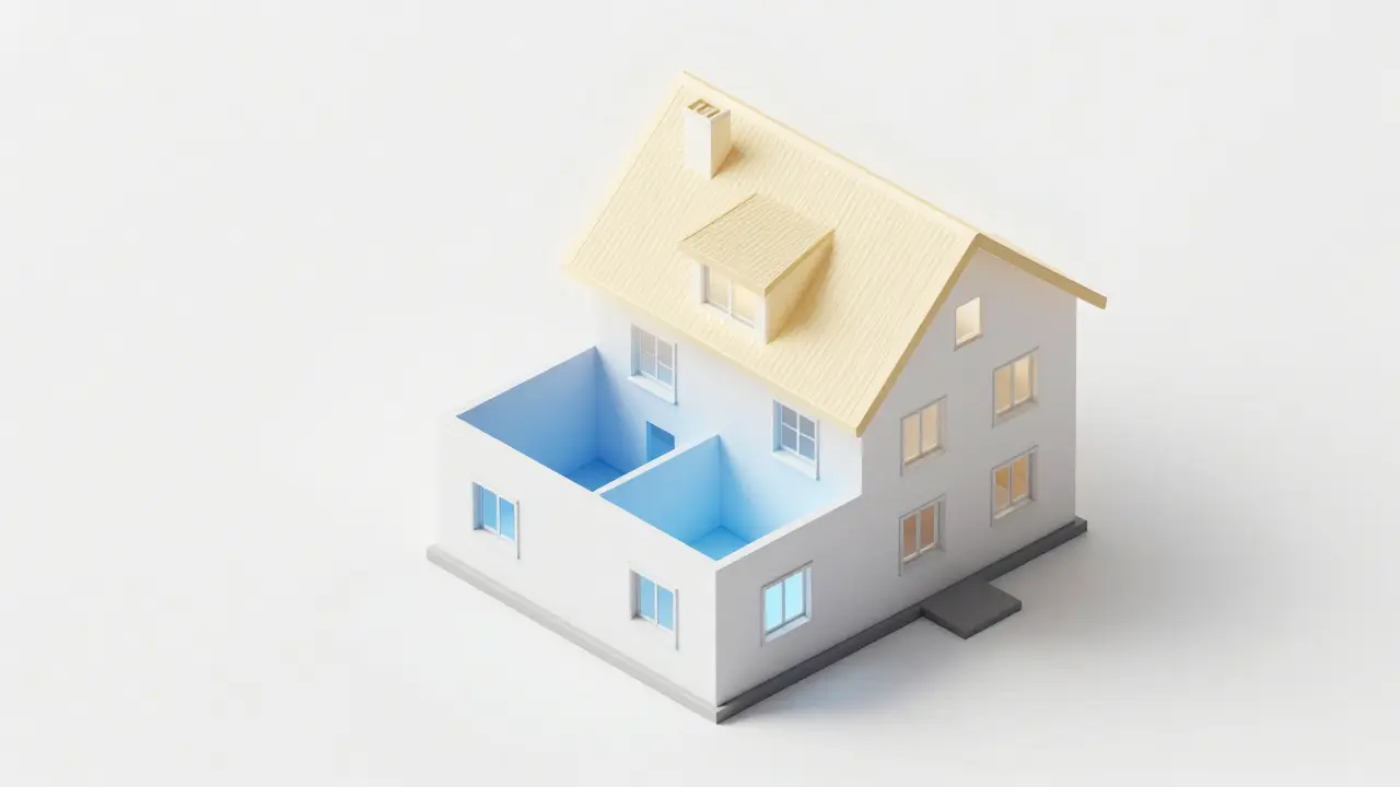 Isometrische Darstellung eines Hauses mit farbigen Markierungen für Wohnrecht und Nießbrauch