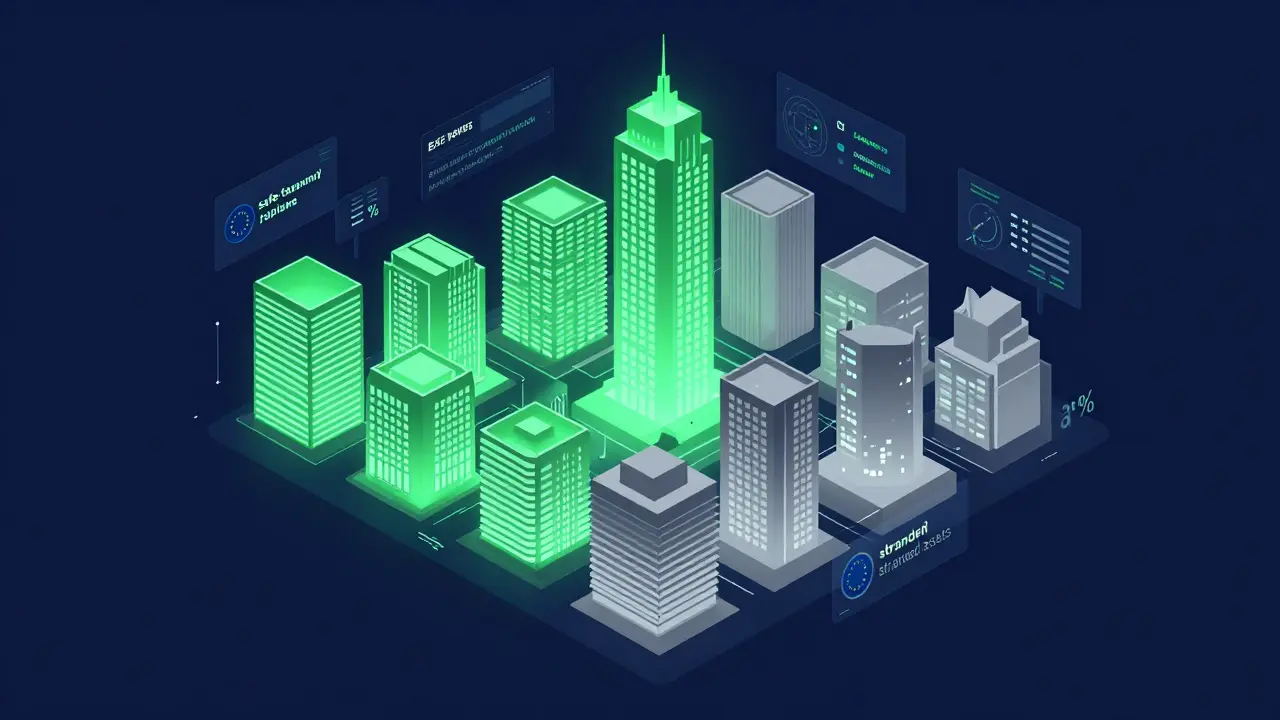 Isometrische Darstellung von nachhaltigen grünen Gebäuden und grauen Stranded Assets.