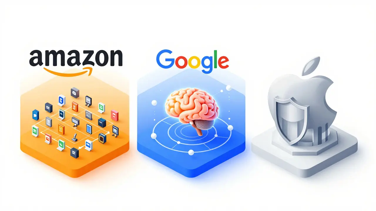 Konzeptionelle Darstellung der Ökosysteme von Amazon, Google und Apple im Smart Home.